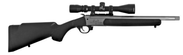 Black rifle with scope on a white background.