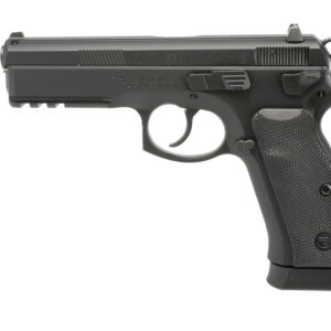 Black semi-automatic firearm on a white background.
