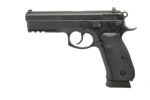 Black semi-automatic firearm on a white background.