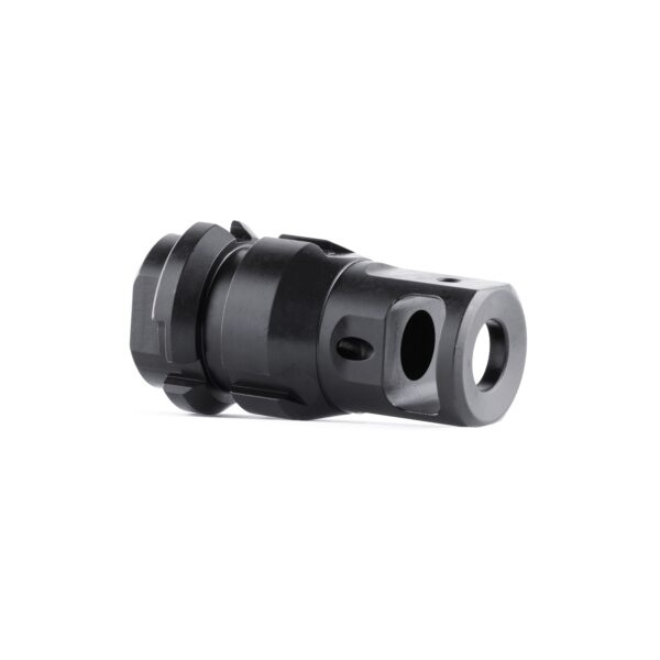 Black firearm muzzle device on a white background.