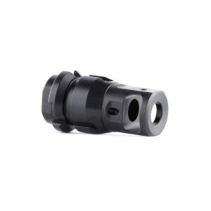 Black firearm muzzle attachment on white background.