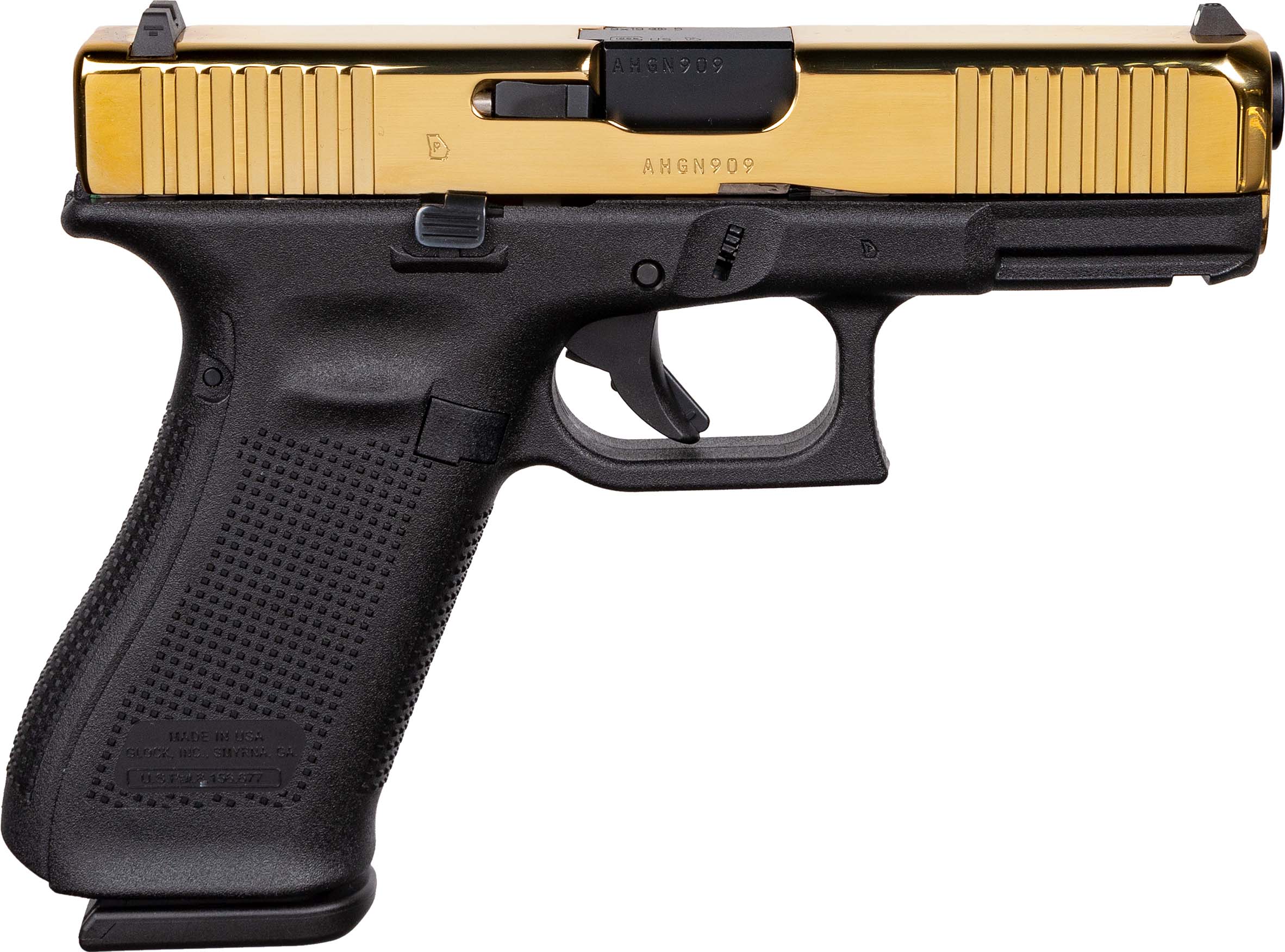 Black handgun with gold accents displayed sideways.
