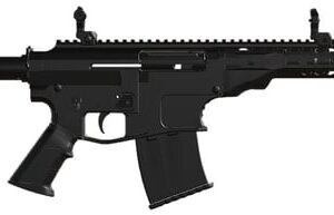 Side view of a black semi-automatic rifle.