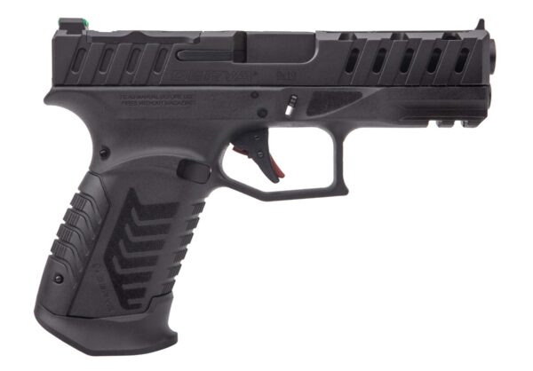 Black semi-automatic pistol on white background