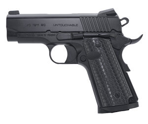 Black handgun on a white background.