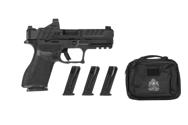 Black handgun with three magazines and carrying bag