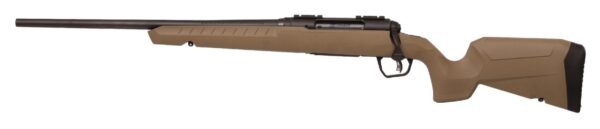 Side view of a tan rifle with scope.