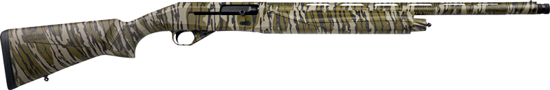 Camo-patterned shotgun on white background.