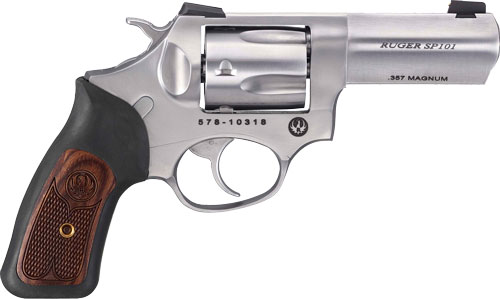Ruger SP101 revolver with a metal finish.
