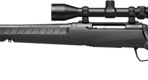 Side view of a sleek black hunting rifle.