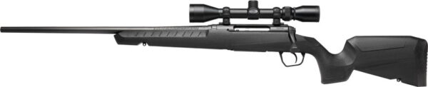 Side view of a sleek black hunting rifle.