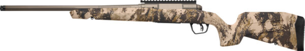Camo-patterned rifle with long barrel