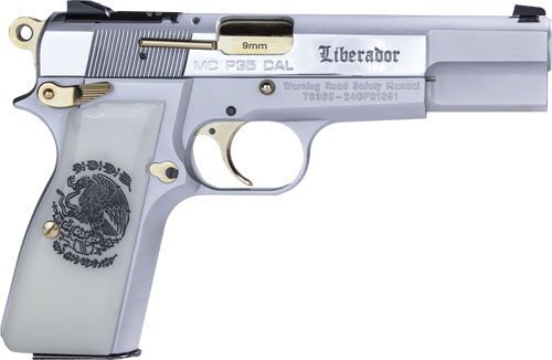 Silver handgun with textured grip and engraving.