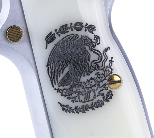 Close-up of decorative gun grip design.