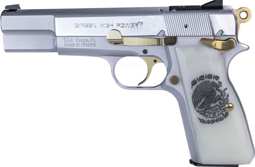 Stylish semi-automatic pistol with unique design.