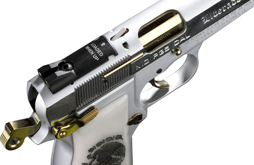 Detailed view of a silver and gold handgun.