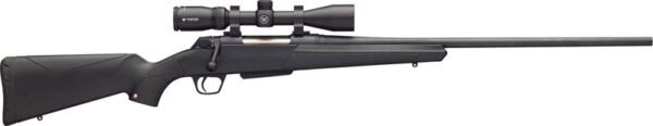 Side view of a black hunting rifle with scope.