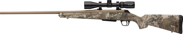Camo rifle with scope, side view.