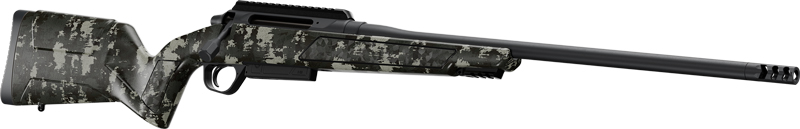 Camouflaged modern hunting rifle on white background.
