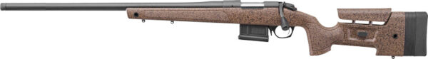 Side view of a brown bolt-action rifle.