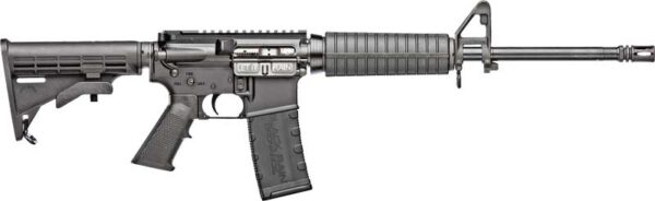A detailed view of a modern rifle.