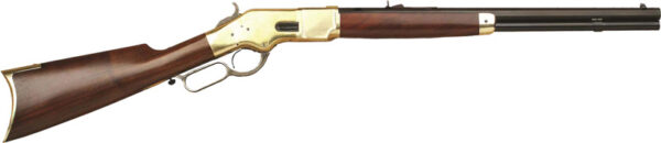 Lever-action rifle with wooden stock and brass accents.