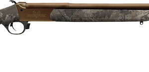 Side view of a camouflage hunting rifle.