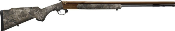 Side view of a camouflage hunting rifle.