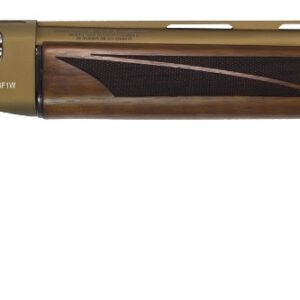 Side view of a vintage shotgun with wooden stock.