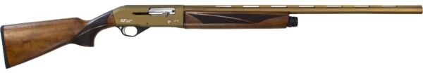 Side view of a vintage shotgun with wooden stock.