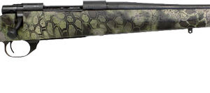 Camo-patterned rifle on a white background.