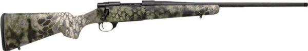 Camo-patterned rifle on a white background.