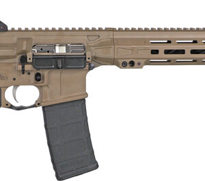 Tan semi-automatic rifle with tactical features.