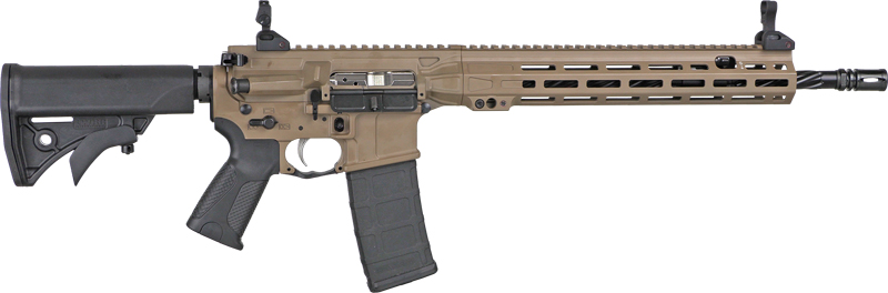 Tan semi-automatic rifle with tactical features.