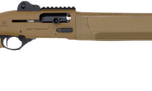 Side view of a tactical shotgun in tan color.