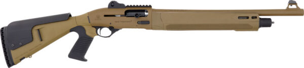 Side view of a tactical shotgun in tan color.