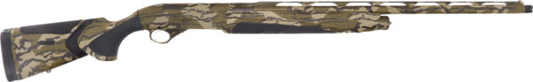 Camo-patterned shotgun with sleek design.
