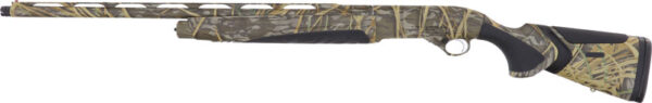 Camouflaged shotgun in profile view.