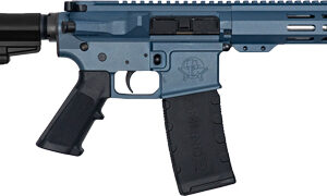 Blue tactical rifle with modern design features