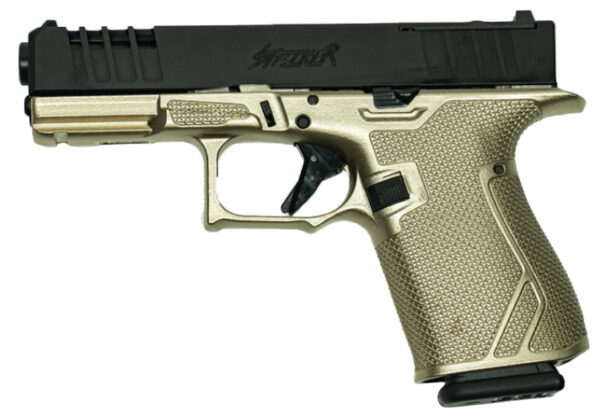 Gold and black semi-automatic pistol side view