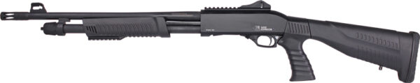 Side view of a black shotgun.