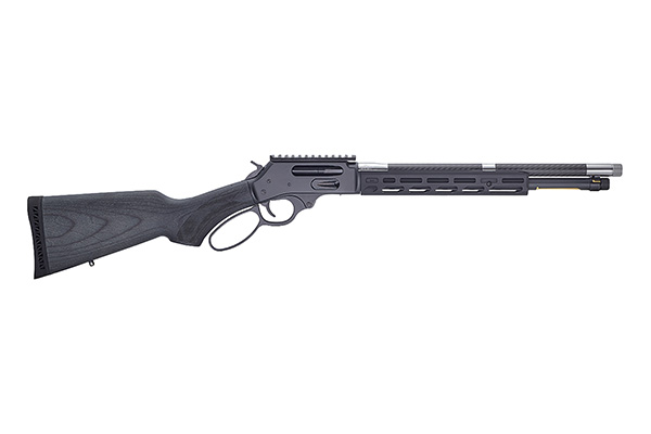 Side view of a sleek black rifle.