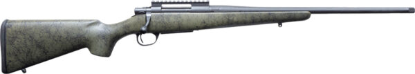 Side view of a camouflaged hunting rifle.