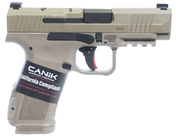 Tan Canik handgun labeled California compliant