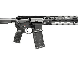 A black semi-automatic rifle displayed on a white background.