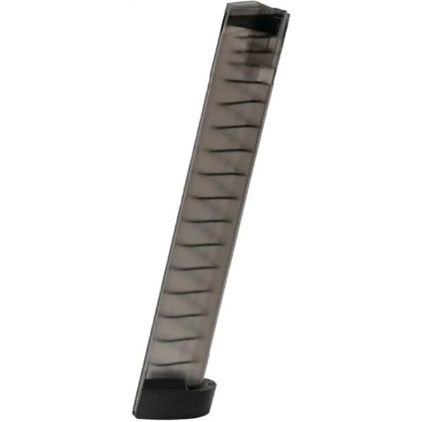Transparent magazine for firearm ammunition storage.