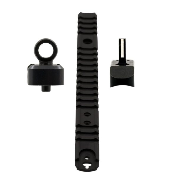 Three black tactical accessories for firearms.