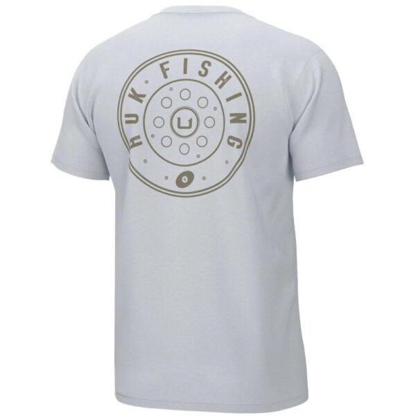 Light gray t-shirt with fishing logo on back.