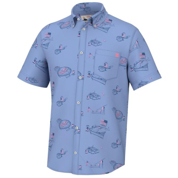 Light blue short-sleeve shirt with fishing design.