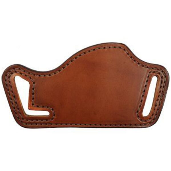 Brown leather piece with cutouts and stitching.